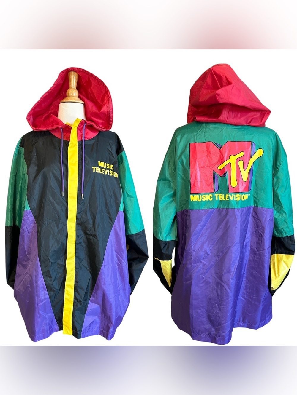 MTV Music Television 90s-inspired Retro red hood windbreaker jacket size 2XL
